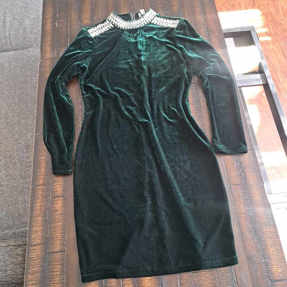 Elie Tahari Green Velvet Dress with Silver Embellishments, M